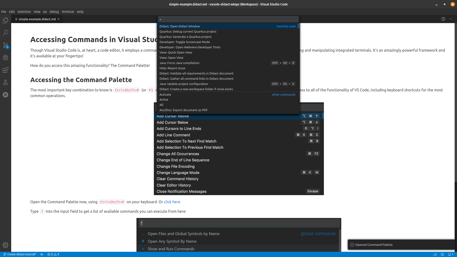 Didact Window image with Command Palette Example Where Command Palette is Open